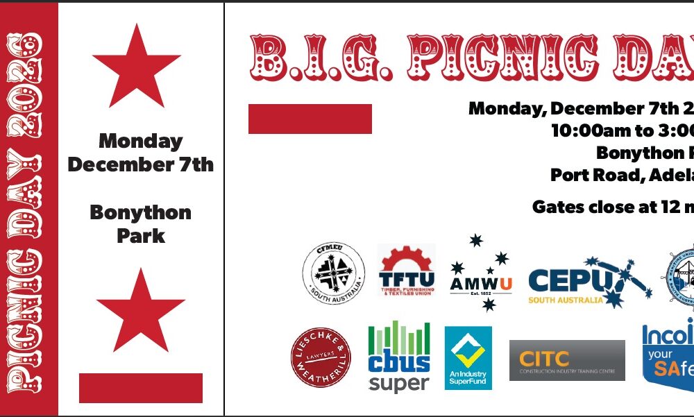 Poster announcing B.I.G. Picnic Day: Mon Dec 7, 2026, 10:00am–3:00pm at Bonython Park, Port Road, Adelaide; gates close at 12 noon; sponsor logos shown at bottom.